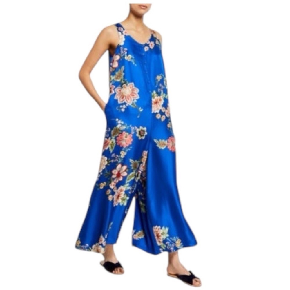 Rare! Johnny Was Vivian Floral Print Sleeveless Silk Twill Jumpsuit M